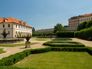 Fototapeta na wymiar Chezh Republic, Prague, 2017. Wallenstein Palace with baroque gardens. The original palace with gardens was built by Albrecht von Wallenstein in 17th century