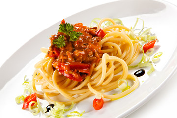 Pasta with bolognese sauce on white background 
