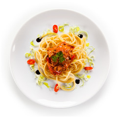 Pasta with bolognese sauce on white background 