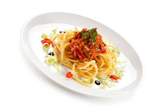 Pasta with bolognese sauce on white background 