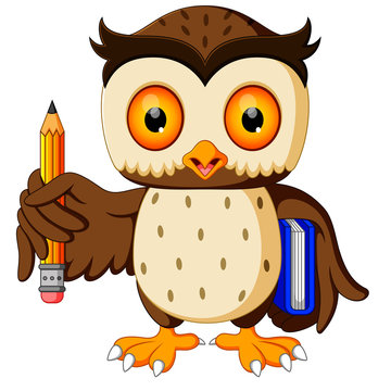 owl carrying book and pencil