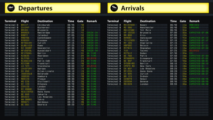 Flight schedule board at airport, travel information, arrivals and departures
