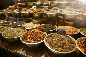 Different teas in tea shop window