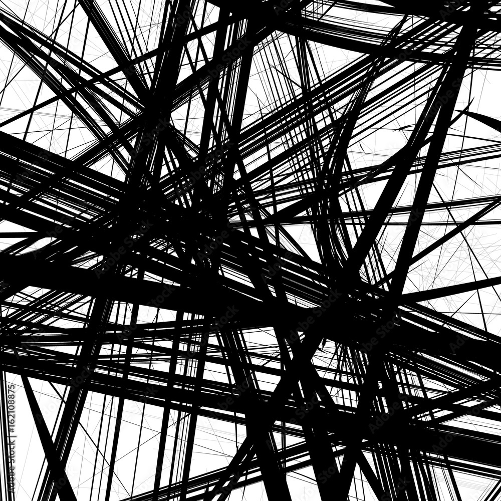 Poster Random intersecting lines geometric pattern. Abstract geometric black and white texture / pattern