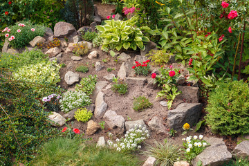 flower garden with fresh plants and stones