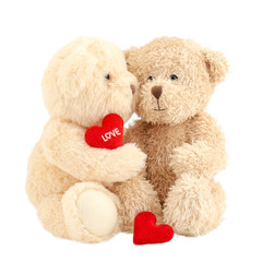 Light brown teddy bears  with red heart isolated on white background. Valentine's Day.