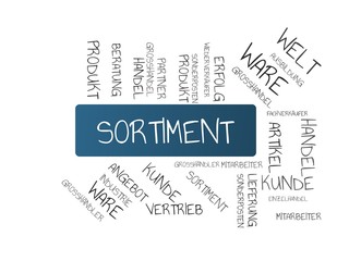 SORTIMENT - Bilder mit Wörtern aus dem Bereich Großhandel, Wortwolke, Würfel, Buchstabe, Bild, Illustration