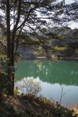 Beautiful vibrant landscape image of old clay pit quarry lake with unusual colored green water