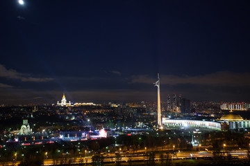 Fototapeta na wymiar Panoramic view from the height Memorial complex on Poklonnaya Gora in Moscow at night
