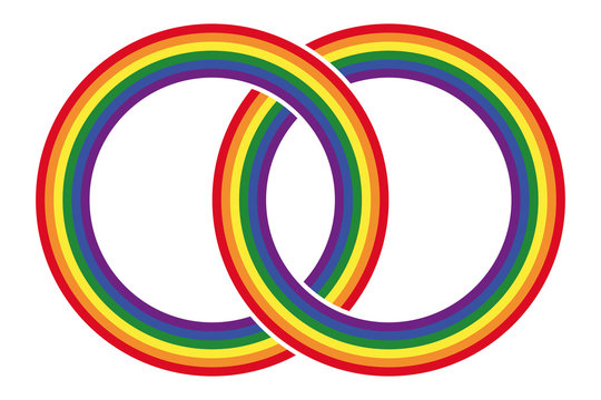 Two intersecting gay pride rainbow colored circles. Combined rings in the LGBT movement flag colors. Symbol for gay marriage, tolerance and peace. Isolated illustration on white background. Vector.