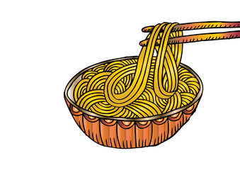Doodle Noodle at bowl and stick. Sketchy style.