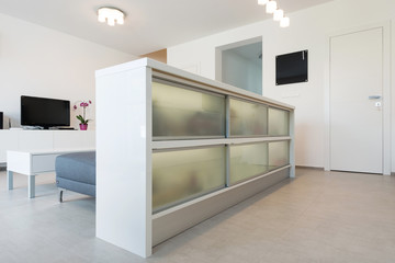 Cabinet separating kitchen area and living room in modern house