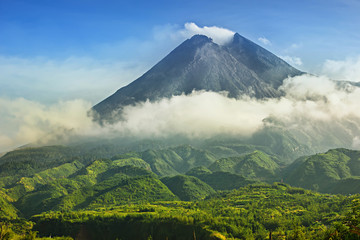 Mount Merapi in Yogyakarta, Indonesia Volcano Landscape View - obrazy, fototapety, plakaty