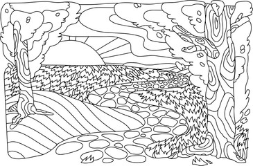 Landscape antistress. Tree, path, sun and clouds. Vector image in the style of zentangle.