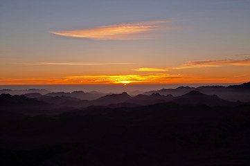 Panorama rocks of holy ground Mount Sinai on the sunrise, Egypt