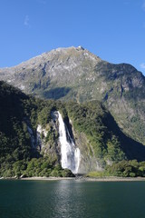 Waterfall in Milford Sound out of a mountain