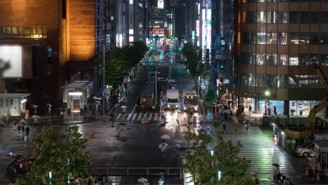 Time lapse of urban landscape, close-up, Car light trail and people walking in rain at night
