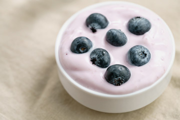 organic blueberry yogurt in bowl on table