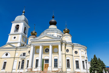 Fototapeta na wymiar MYSHKIN, RUSSIA - JUNE 18, 2017: The facade of the Cathedral of the Assumption of the Mother of God. Founded in 1805. Yaroslavl region 