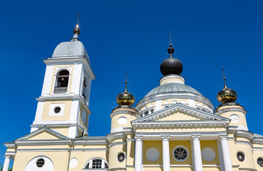 MYSHKIN, RUSSIA - JUNE 18, 2017: The facade of the Cathedral of the Assumption of the Mother of God. Founded in 1805. Yaroslavl region
