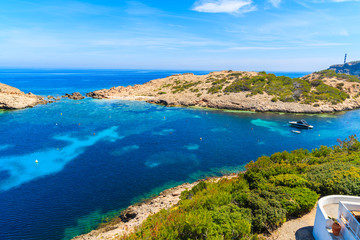 Green coast and view of blue sea in Cala Portinatx bay, Ibiza island, Spain