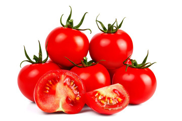 Fresh red tomatoes on a white background and one cut