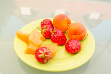 fresh fruits and vegetables on table in summer, healthy fresh fruits to eat, summer chill