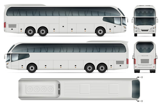 White coach bus template for car branding and advertising. Isolated passenger transport on white. All layers and groups well organized for easy editing and recolor. View from side, front, back, top.