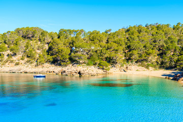 View of beautiful beach in Cala Salada famous for its azure crystal clear sea water, Ibiza island, Spain