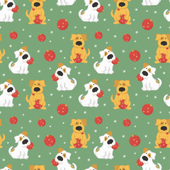 Fototapeta na wymiar New 2018. The Chinese year of the yellow dog. Pattern with dogs and Christmas balls. Colorful vector illustration in cartoon style.