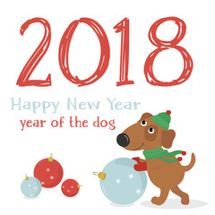 New 2018. The Chinese year of the yellow dog. Greetings with funny dog in hat and Christmas balls. Colorful vector illustration in cartoon style.