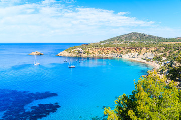 View of Cala d'Hort bay with beautiful azure blue sea water, Ibiza island, Spain