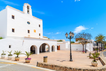 Square with typical white style church in Sant Josep de sa Talaia town on Ibiza island, Spain