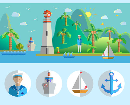 Flat design nature landscape illustration with port, lighthouse, sailing boat, seagulls, sailor, island, palm trees, steamer and sea. Vector illustration.