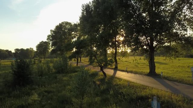 flight of the drone over the fields and rivers