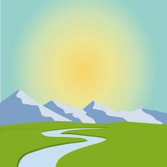 cartoon landscape, vector unending background with desert landscape, herbs, mountains and sky. Vector landscape. Flat landscape
