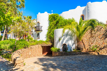 Luxury white colour holiday villas in tropical gardens in Cala Nova area of Ibiza island, Spain © pkazmierczak