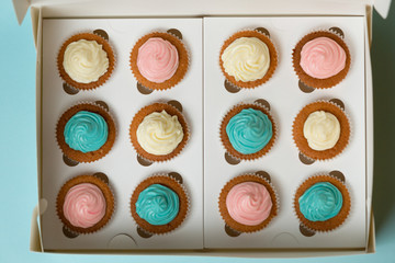 Blue,pink and white freshly baked cupcakes with buttercream