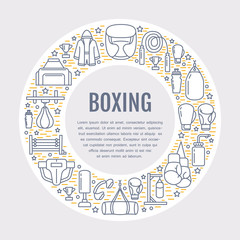 Boxing poster template. Vector sport training line icons, circle illustration of equipment - punchbag, boxer gloves, ring, heavy bags. Box club banner with place for text.