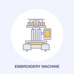 Sewing embroidery machine flat line icon, logo. Vector colored illustration of tailor supplies for hand made shop or dressmaking service.
