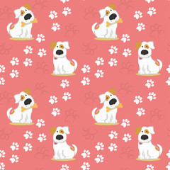 Pattern with white dogs and traces of dog paws. vector illustration in funny style.