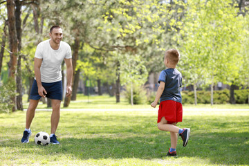 Obraz premium Father and son playing football on green grass in park