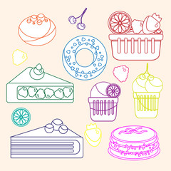 Bakery products set. White sweets with bright colored outlines on light background