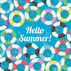 Hello Summer - Swimming Pool Colorful Floating Rings Background - vector eps10