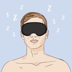 Illustration of a guy sleeping in sleep mask on blue background