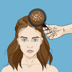 Woman with long brown messy hair with dandruff and a hand holding a magnifier on blue background