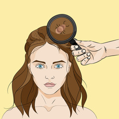 Woman with long brown messy hair with lice and a hand holding a magnifier on yellow background