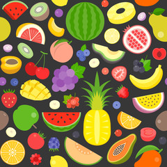 seamless pattern of various fruits, watermelon, pine apple, strawberry, berries, flat design suitable for banner or backdrop