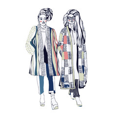 Fashion models. Sketch. Handdrawn Fashion illustration.