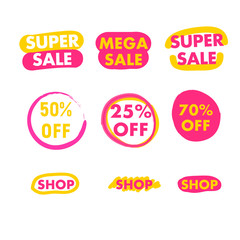 Super or mega sale button shop now and 50 20 70 off. Elements for website